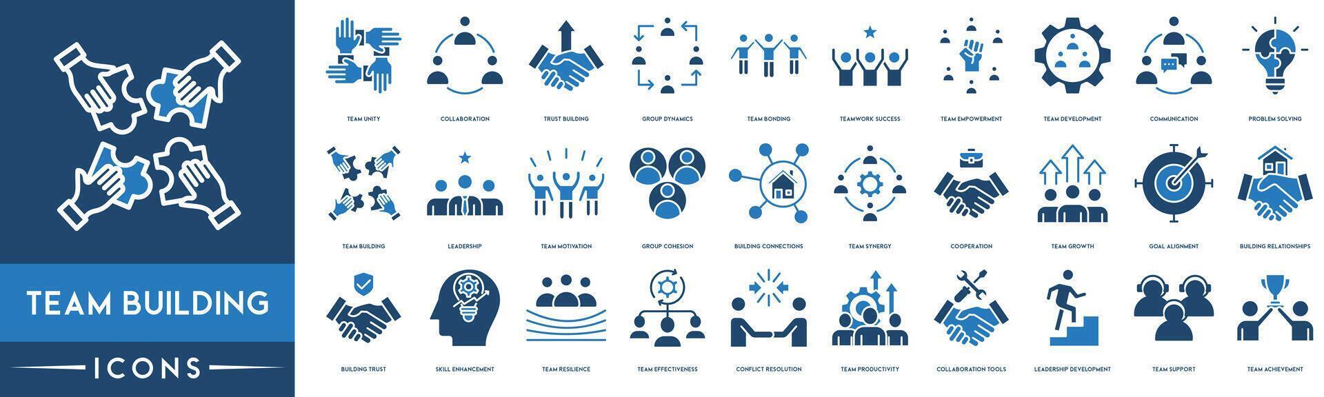 equipe construção ícone definir. incluído a ícones Como colaboração, prédio, equipe União, trabalho em equipe, fortalecimento, comunicação, problema resolvendo, Liderança e motivação vetor