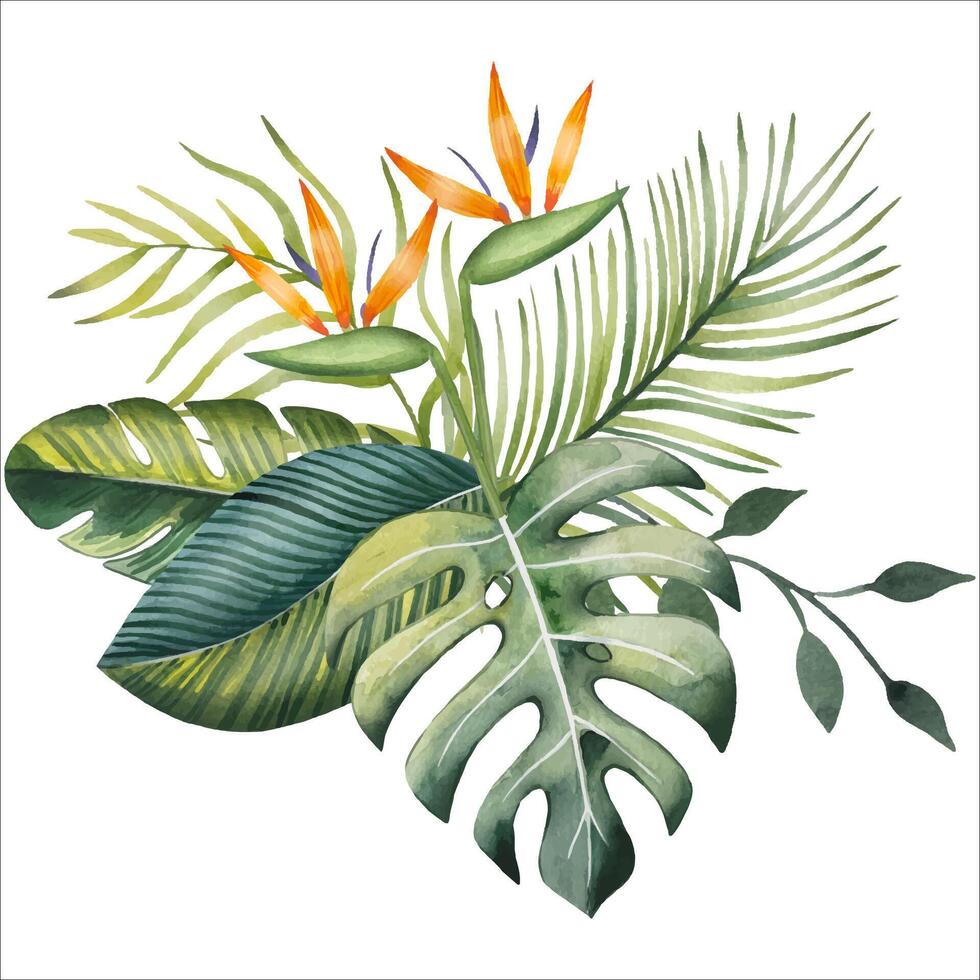 mão desenhado ramalhete com tropical folhas e flores, aguarela vetor