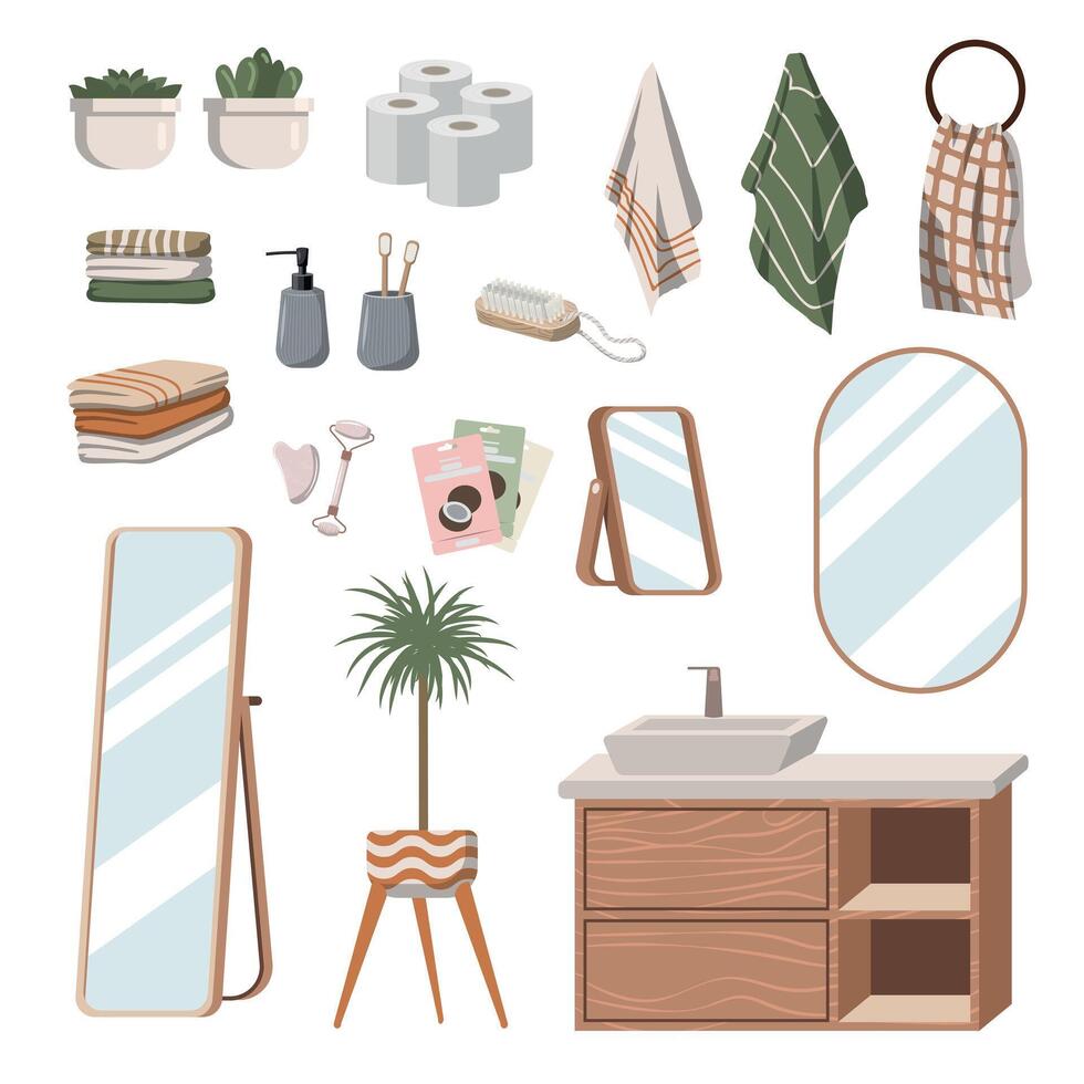 conjunto do moderno banheiro decoração Unid, banheiro Unid, lavatório, lavanderia cesta, toalhas, banho esteira, espelho, plantas e de outros decoração. vetor ilustração em branco fundo