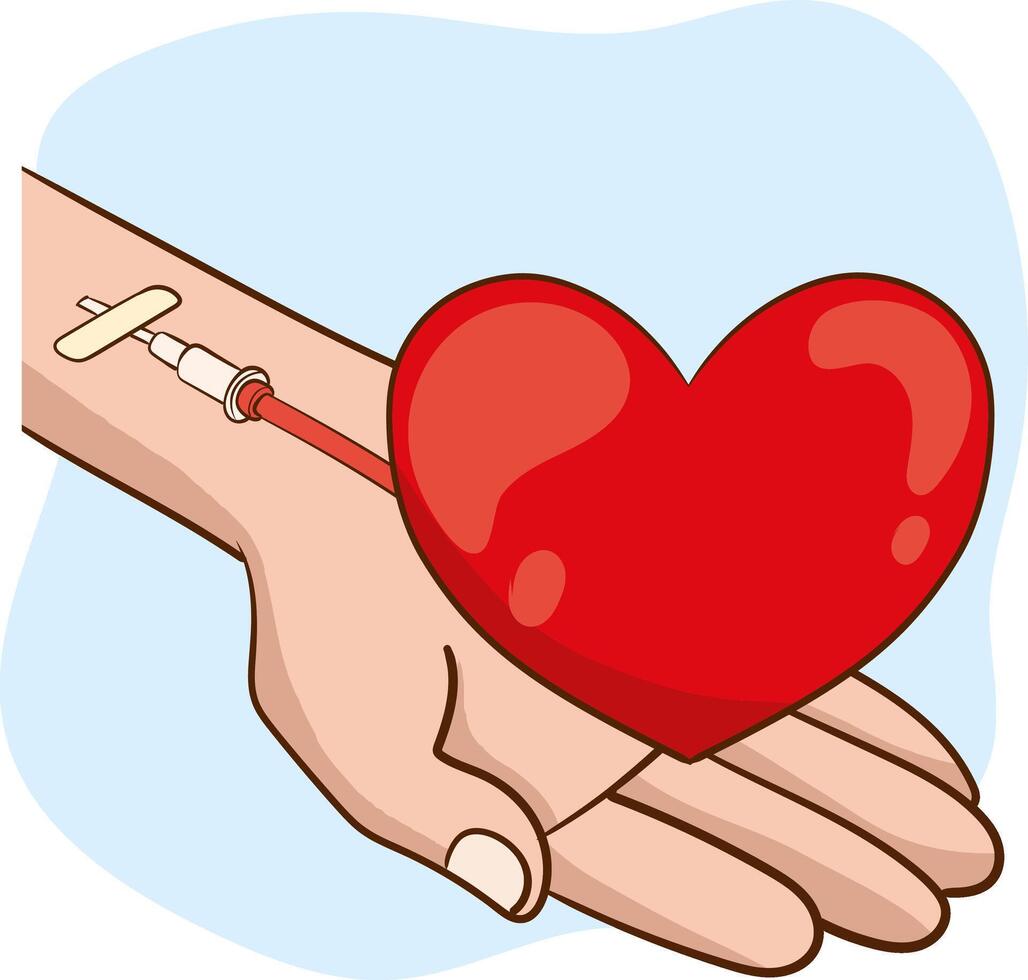 sangue doação conceito vetor ilustração.médica fundo de dia do doação.doador dia.grande coração em Donner's mão conectado para veia.