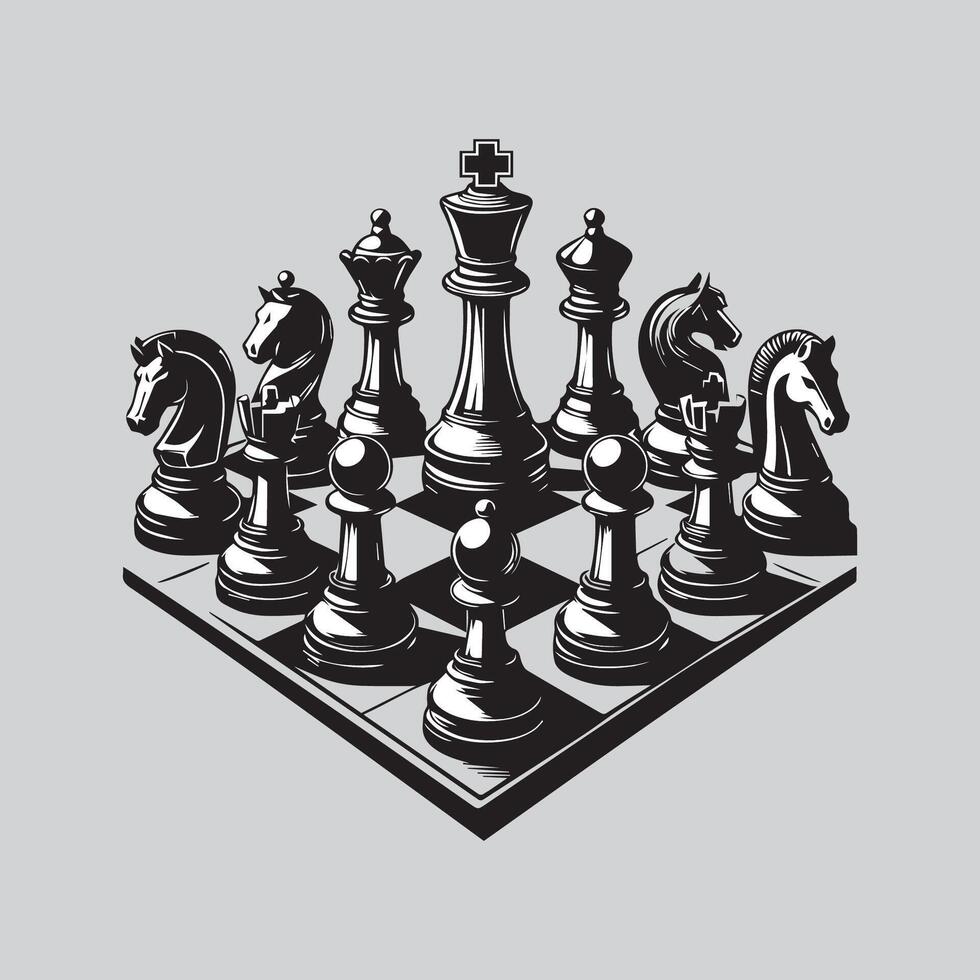 Preto e branco xadrez peças em uma tabuleiro de xadrez. vetor ilustração.