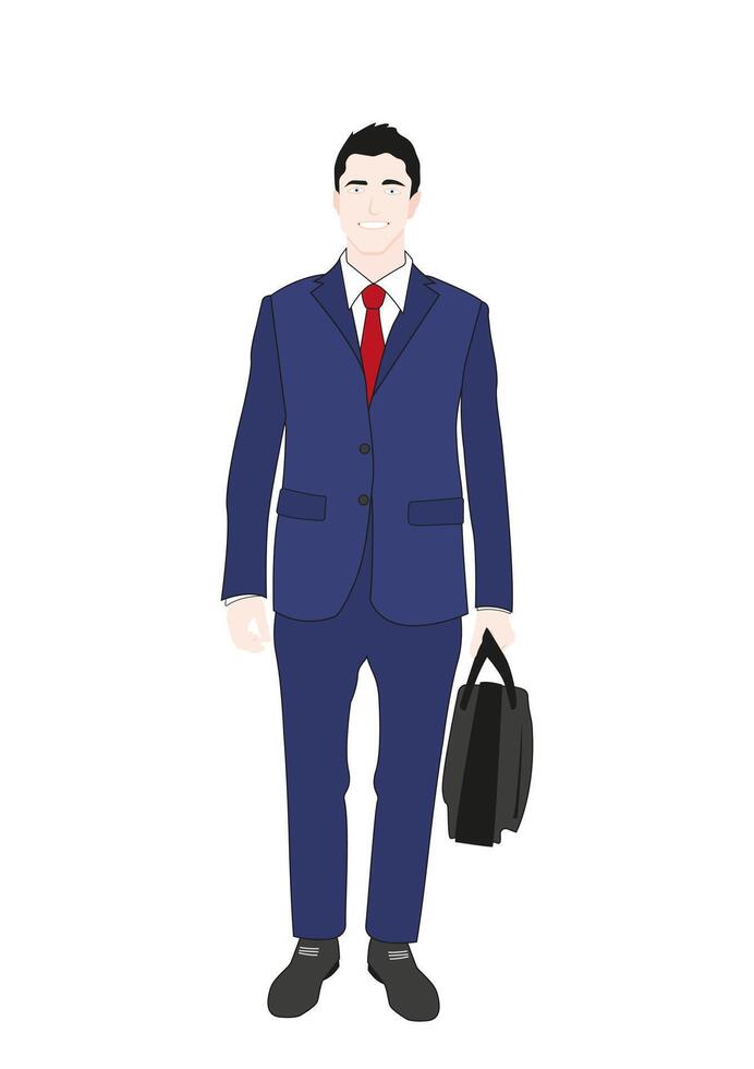 uma jovem sorridente homem dentro uma Sombrio azul o negócio terno e uma vermelho gravata com uma pasta ou bolsa. vetor