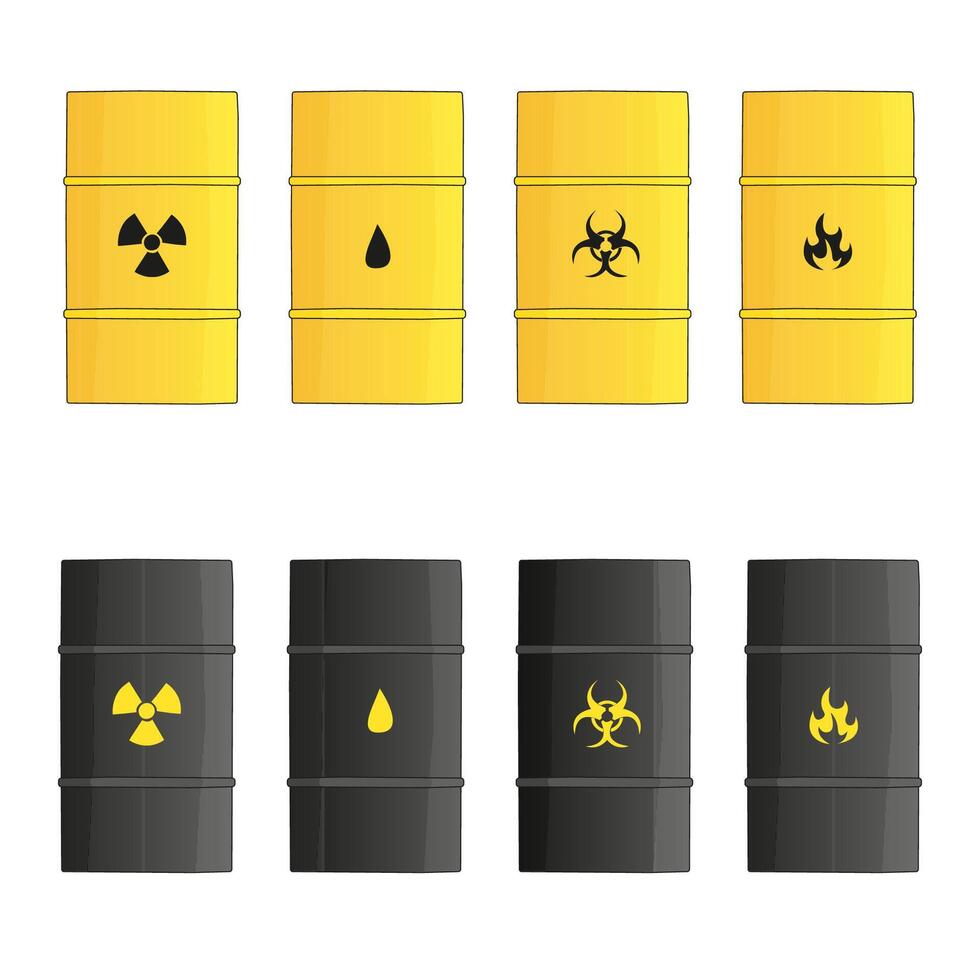 uma conjunto do amarelo e Preto aço barris para armazenando produtos químicos. barris para armazenando radioativo desperdício vetor