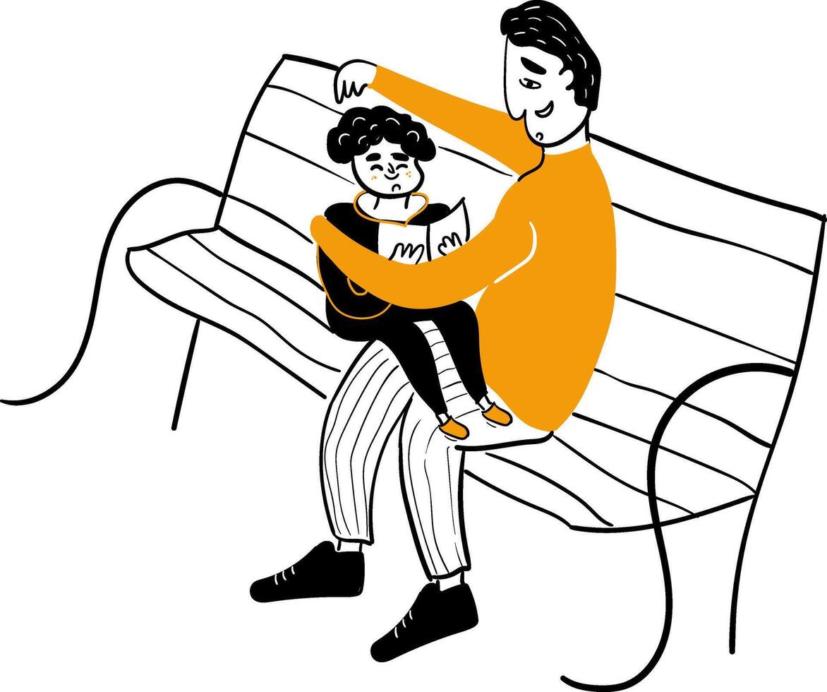 uma feliz criança lendo uma livro sentado em uma Banco dentro a braços do dele papai.o conceito do uma feliz infância e mental saúde. do pai dia.doodle estilo vetor ilustração isolado em branco fundo.