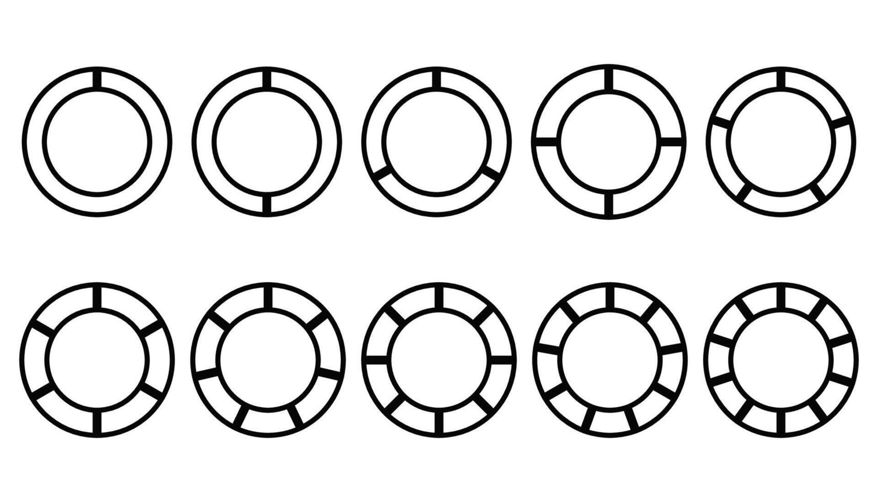 conjunto do diferente círculos torta gráficos diagramas. vários setores dividir a círculo para dentro igual peças. vetor