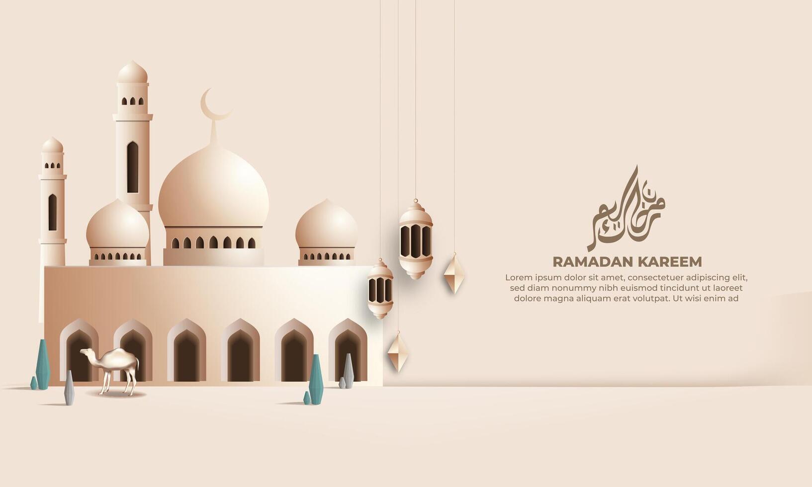 realista Ramadã fundo com mesquita, lanterna, para bandeira, cumprimento cartão vetor