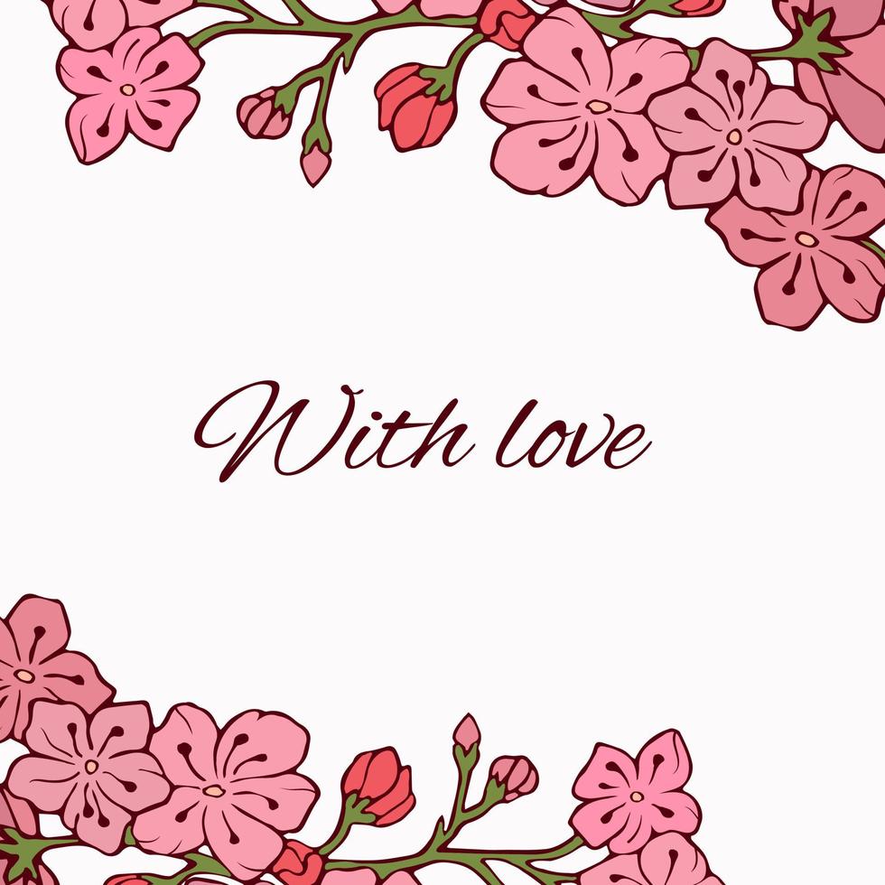 flores de cerejeira em um galho. ilustração vetorial. imagem de contorno. vetor de estoque. sakura. flores cor de rosa. cartão postal. com amor.