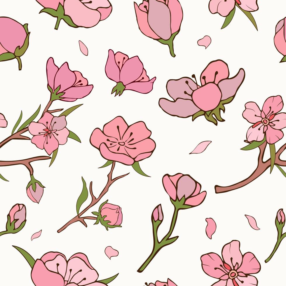 fundo sem emenda com flores de cerejeira. ilustração vetorial. vetor de estoque. sakura. estampa floral. fundo branco. flores cor de rosa