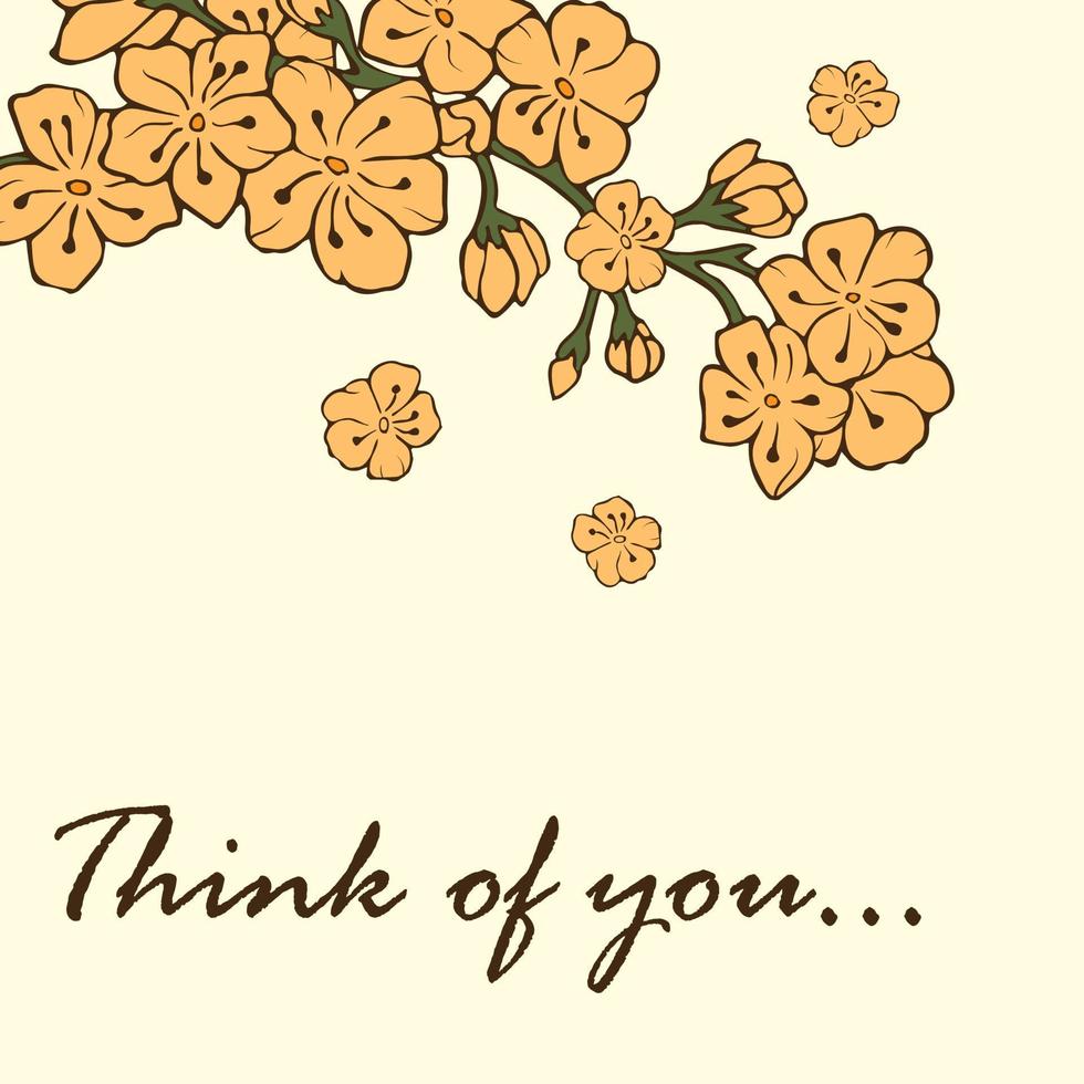 flores de cerejeira em um galho. ilustração vetorial. imagem de contorno. vetor de estoque. sakura. flores amarelas. cartão postal. pense em você. fundo amarelo.