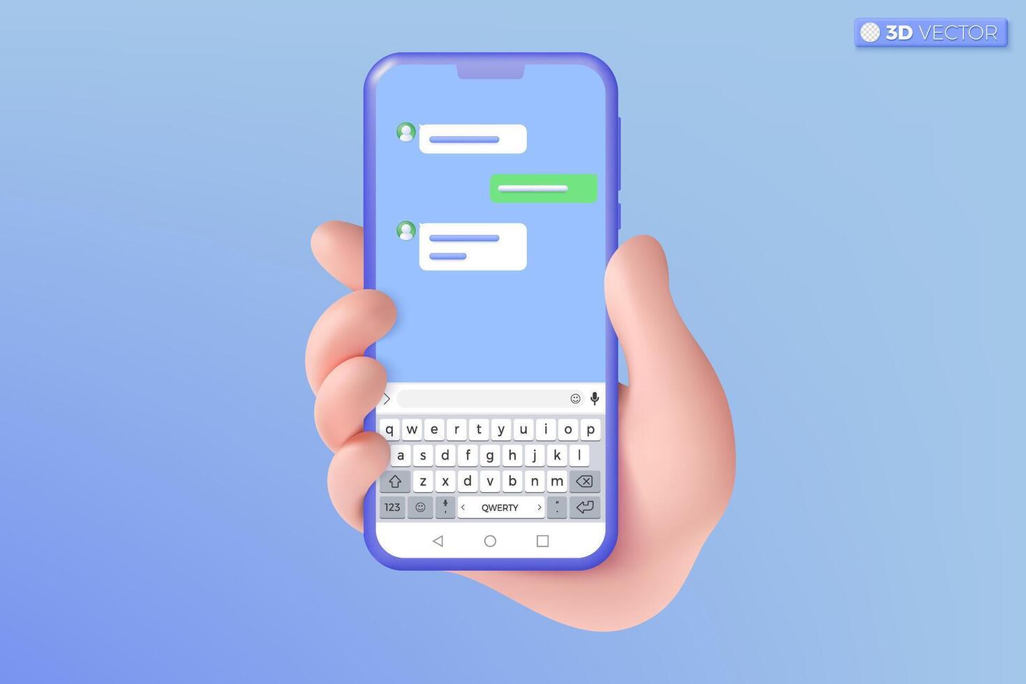 3d mão segurando Móvel telefone bate-papo inscrição ícone símbolo. conversando mensagem, qwerty, discurso bolha, instante mensageiro modelo conceito. 3d vetor isolado ilustração, desenho animado pastel mínimo estilo.