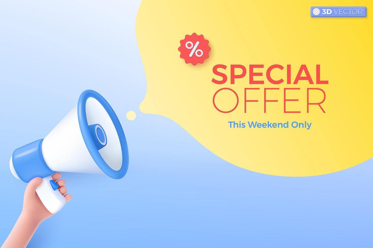 3d megafone alto falante e especial oferta ícone símbolo. Alto-falante anunciar desconto promoção, vender reduzido preços, marketing Tempo conceito. 3d vetor isolado ilustração, desenho animado pastel mínimo estilo.