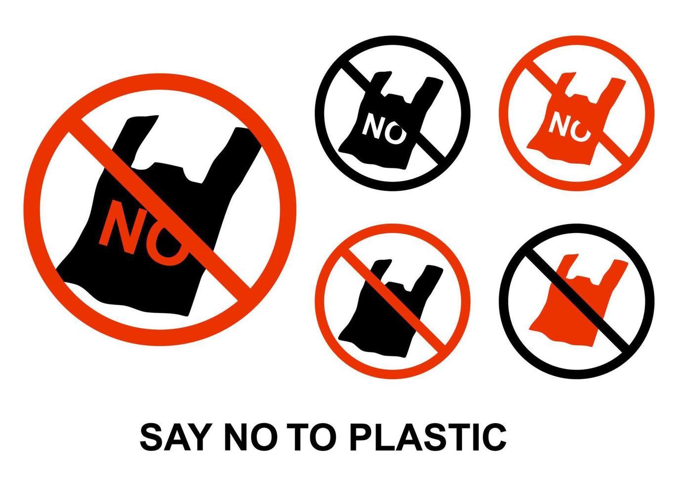 Existem vários sacos de plástico de cores com uma palavra não isolada no fundo branco. há uma palavra diga não ao plástico no canto. conceito sobre reciclagem, redução, reutilização, meio ambiente e etc. vetor