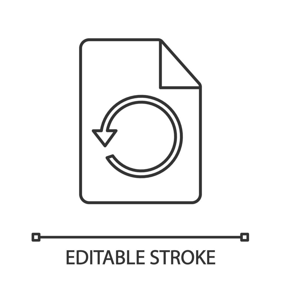 restaurar o ícone linear da página. arquivo com sinal de recarga. ilustração de linha fina. sincronização de dados. documento com a seta do círculo. símbolo de contorno. desenho de contorno isolado do vetor. curso editável vetor