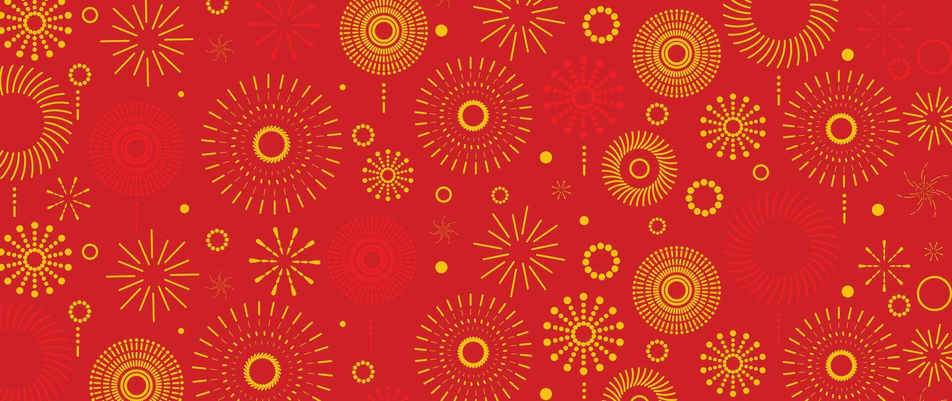 festival chinês pano de fundo vetor. feliz chinês Novo ano papel de parede Projeto com dourado fogos de artifício em vermelho fundo. moderno luxo oriental ilustração para cobrir, bandeira, local na rede Internet, decoração, advertir. vetor