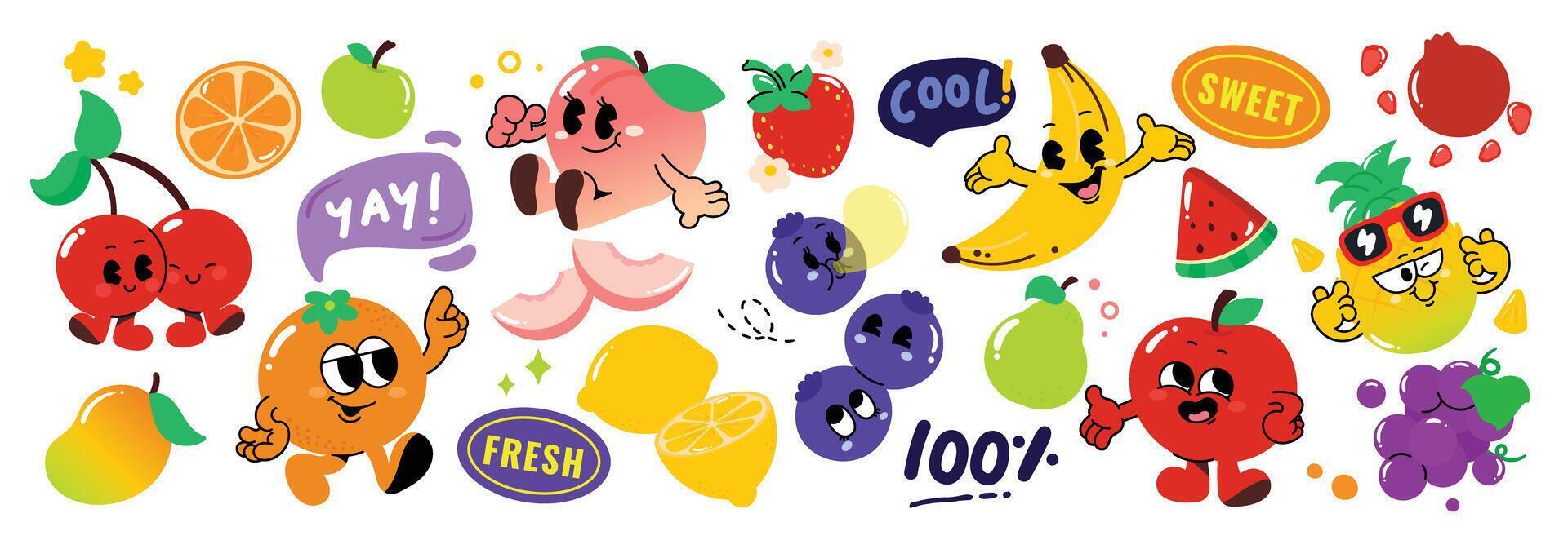 conjunto do fresco fruta groovy elemento vetor. funky frutas personagem Projeto do banana, limão, maçã, morango, pêssego, laranja. verão suculento ilustração para marca, adesivo, tecido, clipart, Publicidades. vetor