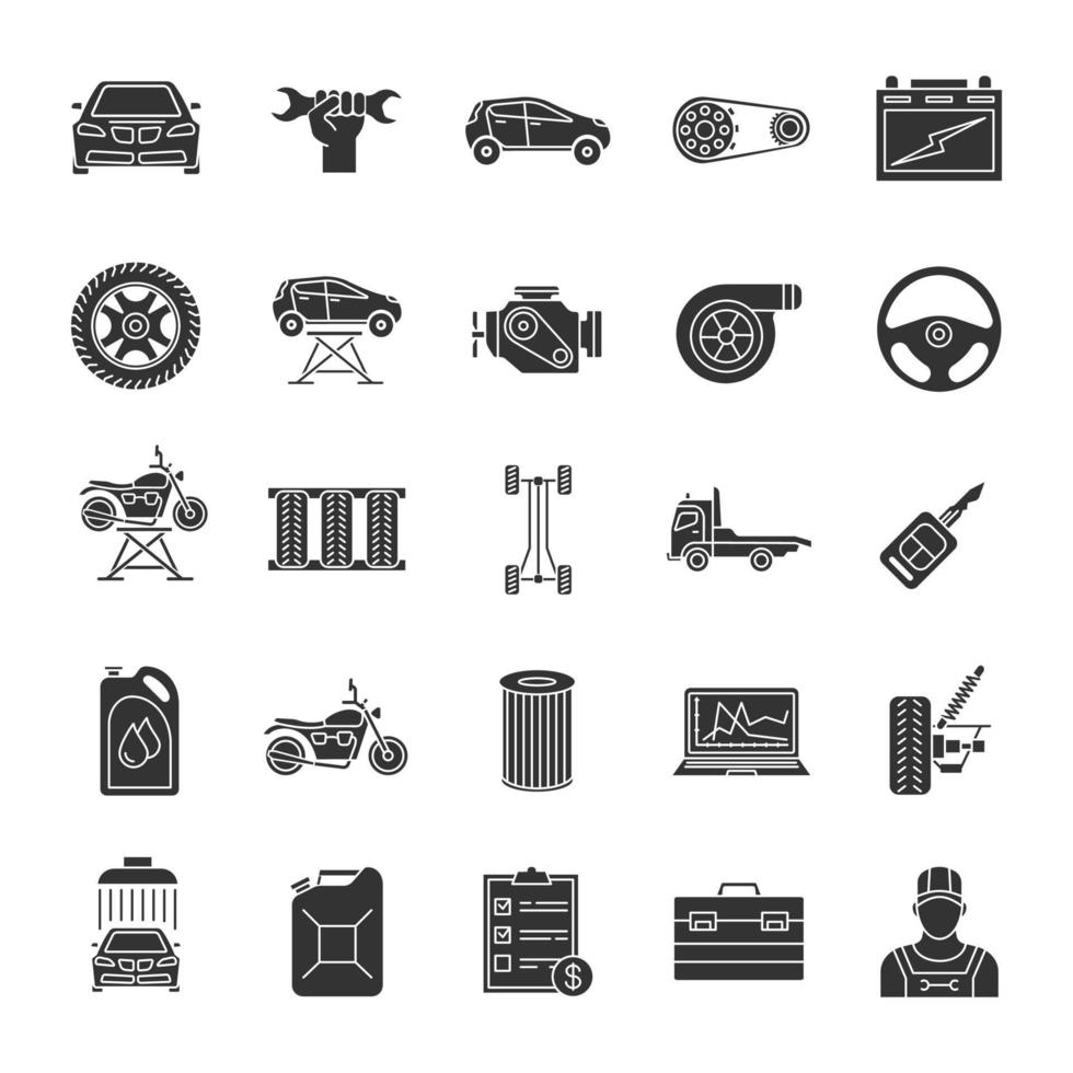 conjunto de ícones de glifo de oficina automática. serviço automotivo. instrumentos, equipamentos e peças sobressalentes. símbolos de silhueta. ilustração isolada do vetor