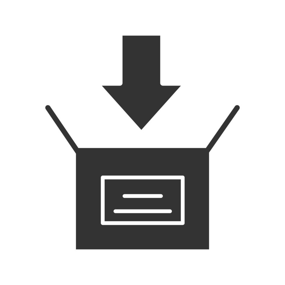 pacote de embalagem ícone de glifo. abra a caixa com a seta para baixo. baixando. símbolo da silhueta. espaço negativo. ilustração isolada do vetor