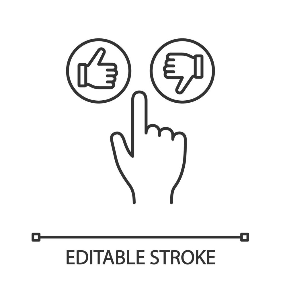 os botões de gostar e não gostar clicam no ícone linear. polegares para cima e para baixo. ilustração de linha fina. mão empurrando o botão. símbolo de contorno. desenho de contorno isolado do vetor. curso editável vetor
