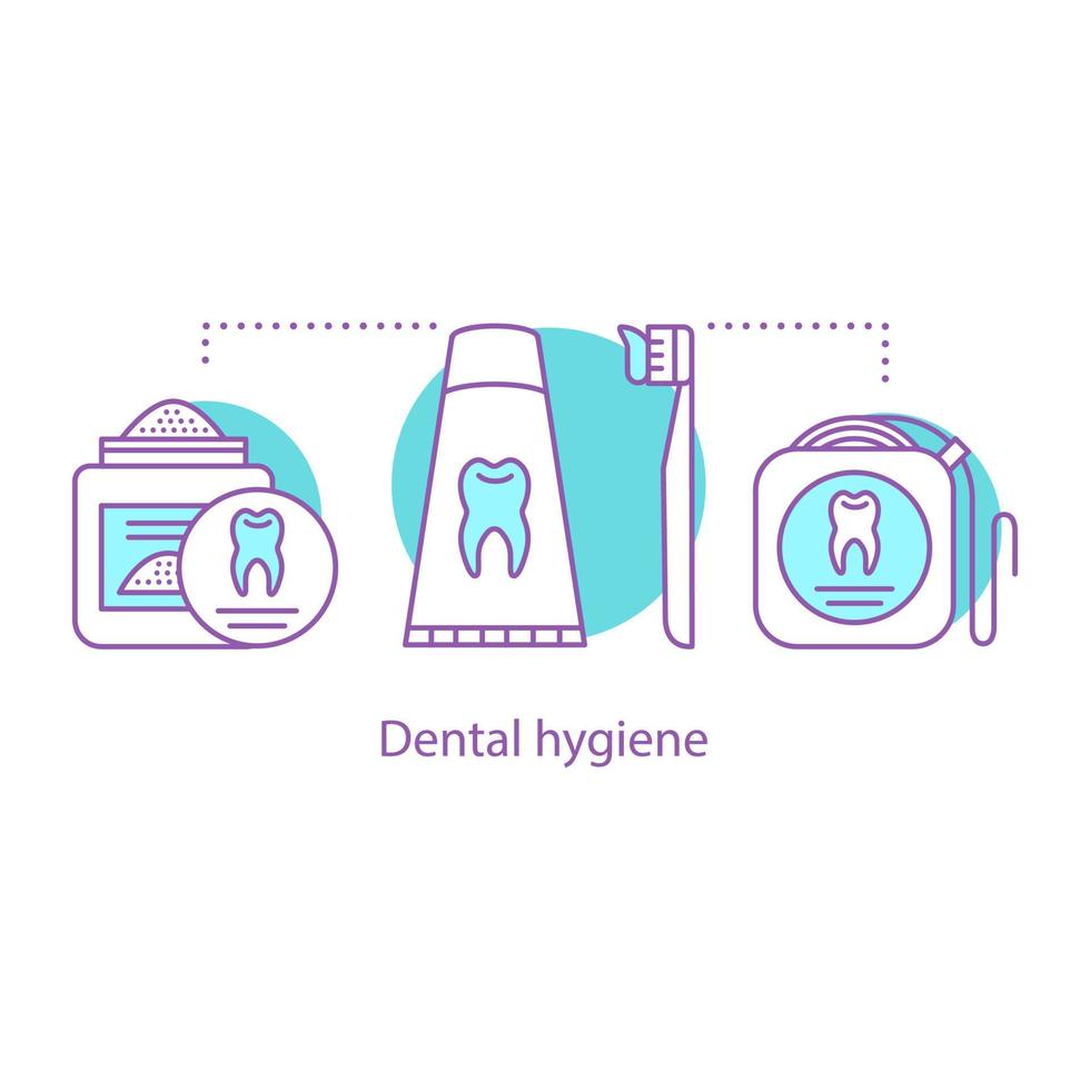 ícone do conceito de higiene dental. ilustração de linha fina de ideia de saúde bucal. fio dental, pasta de dente, escova de dente, pó dental. desenho de contorno isolado de vetor