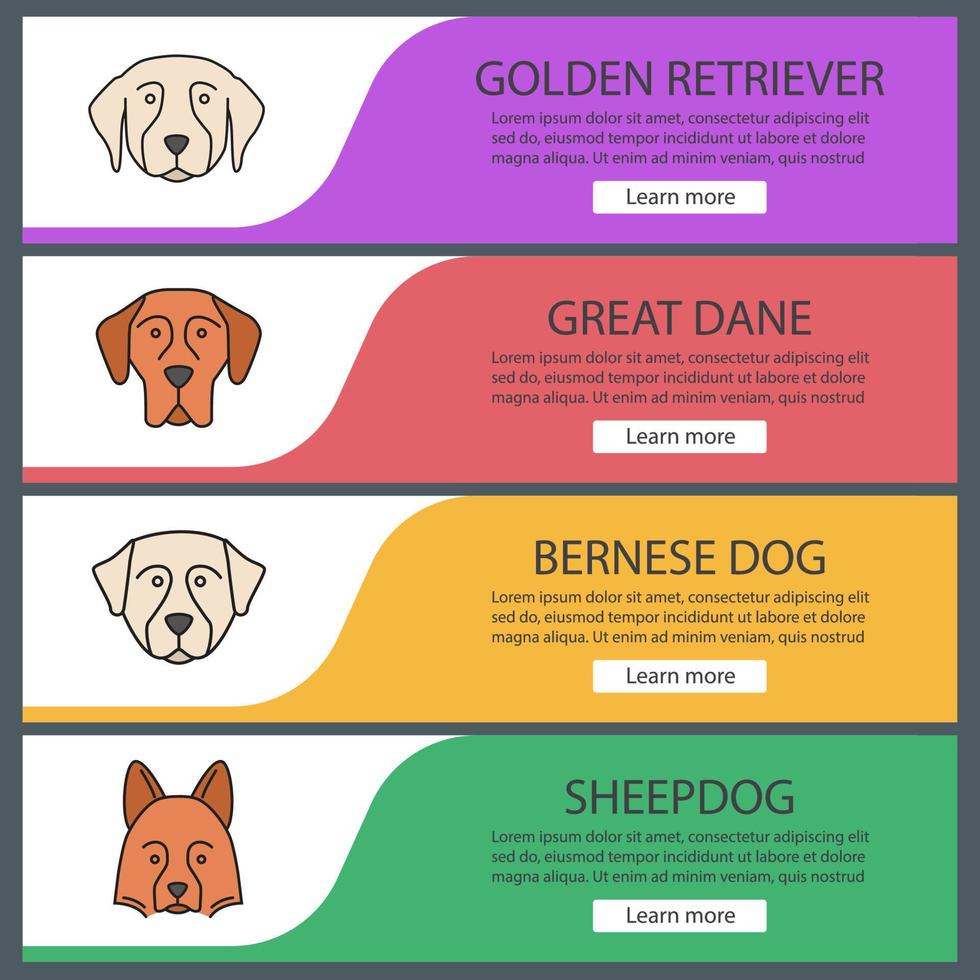 cães raças conjunto de modelos de banner da web. itens de menu de cores do site. golden retriever, dinamarquês, cachorro bernese, shetland sheepdog. conceitos de design de cabeçalhos de vetor