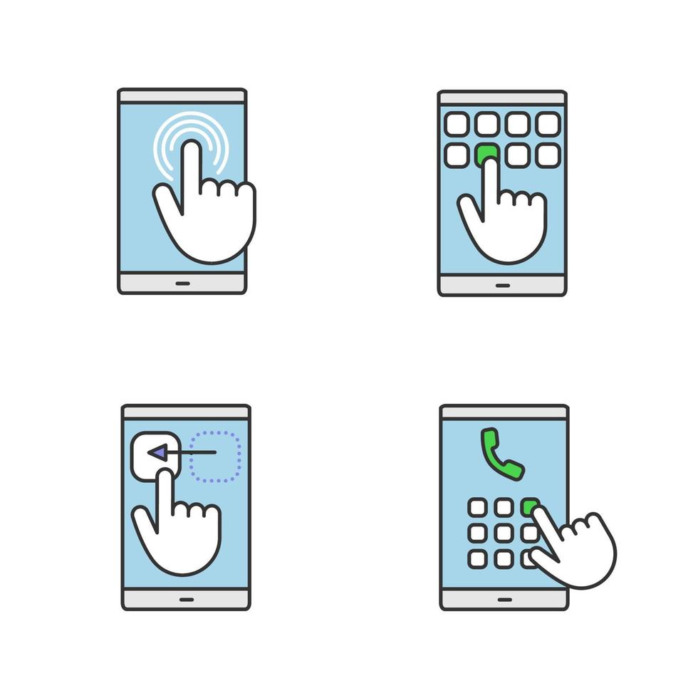 conjunto de ícones de cores de tela sensível ao toque do smartphone. toque duplo toque e gesto de arrastar, discagem de número de telefone, teclado. ilustrações vetoriais isoladas vetor