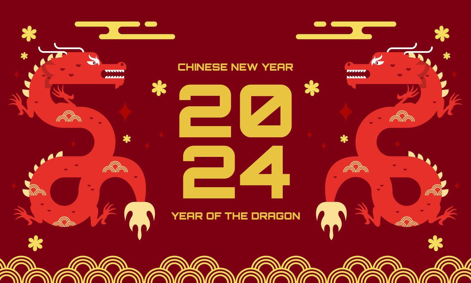 2024 chinês Novo ano, ano do a Dragão bandeira modelo Projeto com dragões, nuvens e flores BA vetor
