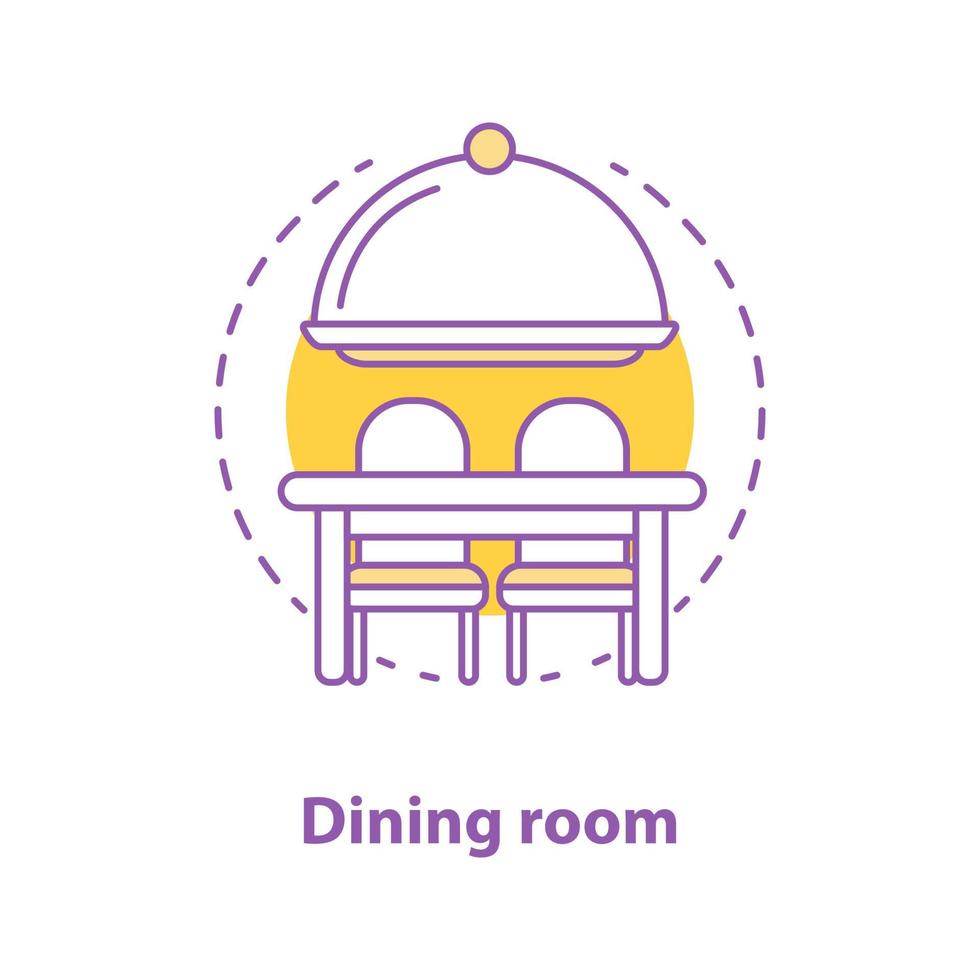 ícone do conceito de sala de jantar. hora de comer ilustração de linha fina de ideia. bandeja com tampa, mesa e cadeiras. desenho de contorno isolado de vetor