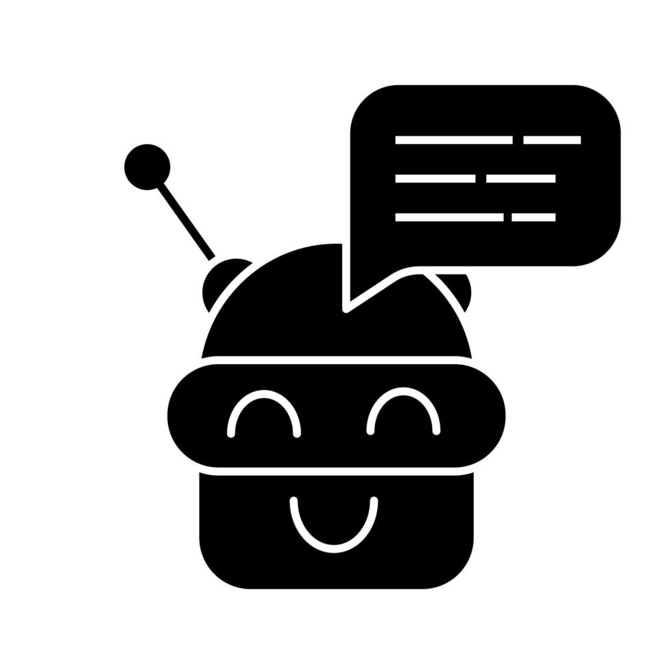 ícone de glifo de mensagem do chatbot. talkbot. robô moderno. android rindo chat bot. assistente virtual. agente conversacional. símbolo da silhueta. espaço negativo. ilustração isolada do vetor