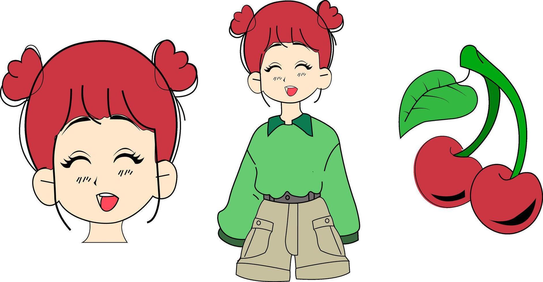 uma menina com vermelho cabelo, cereja, desenhando do uma menina vetor