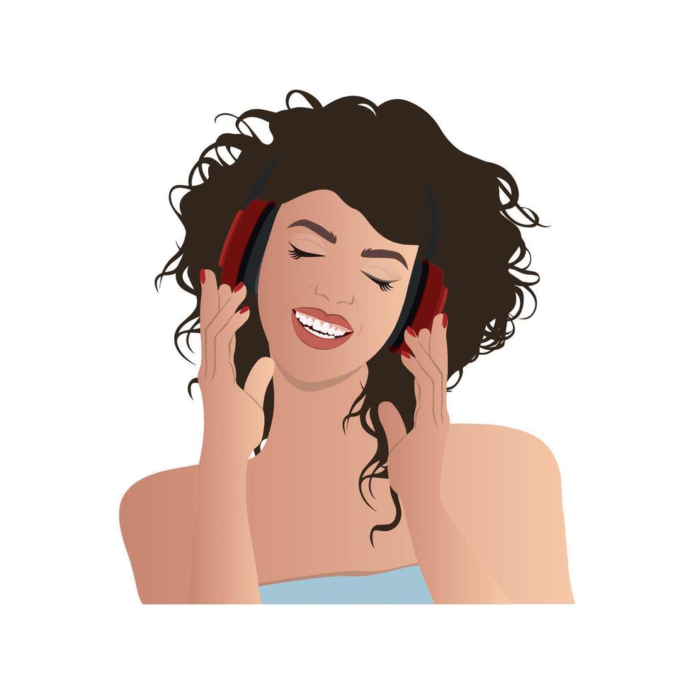 vetor ilustração do uma menina com uma sorrir ouvindo para música em fones de ouvido