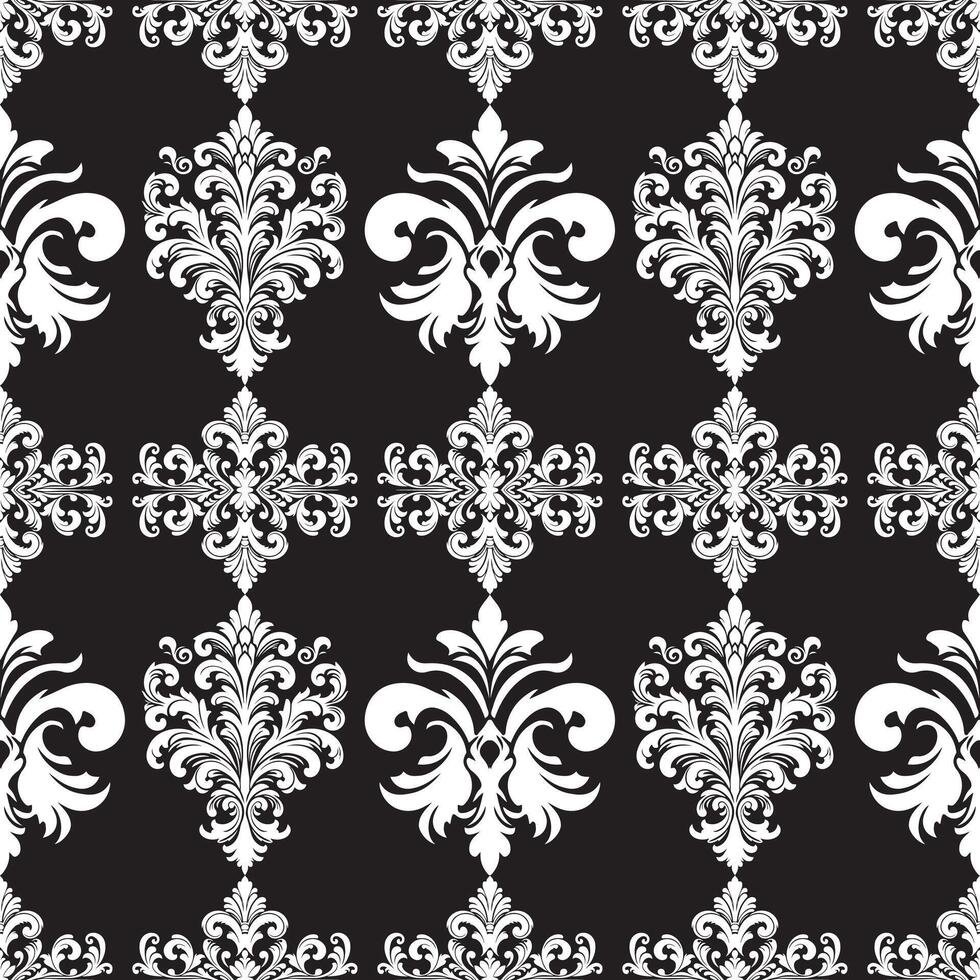 damasco tecido têxtil desatado padronizar luxo decorativo ornamental branco elemento em Preto fundo. quadrado estilo. cortina, tapete, papel de parede, telha, invólucro, têxtil vetor