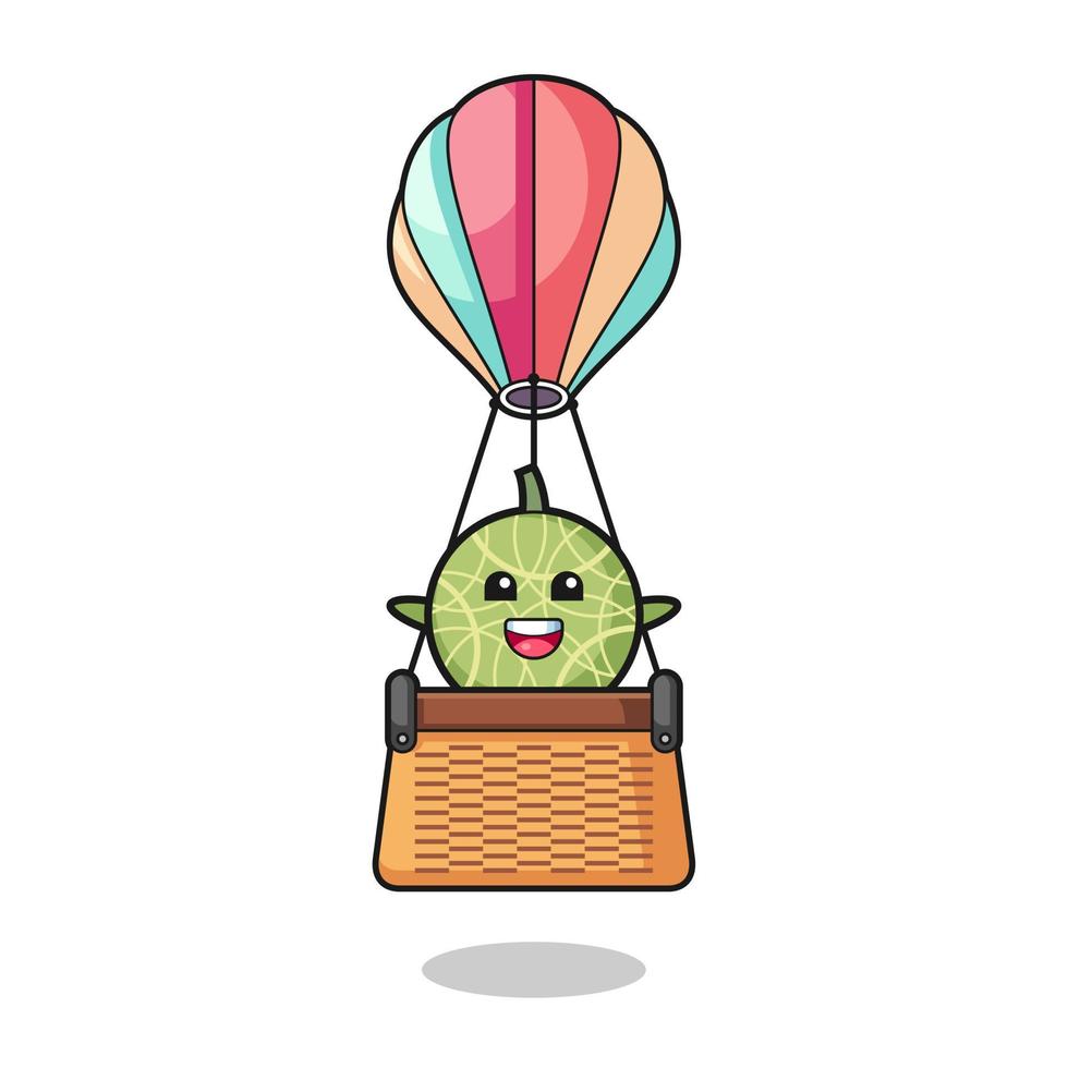 mascote do melão andando em um balão de ar quente vetor