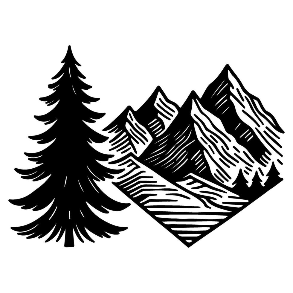 panorama silhueta montanha com floresta pinho árvores panorama Preto linha esboço arte mão desenhado estilo vetor ilustração