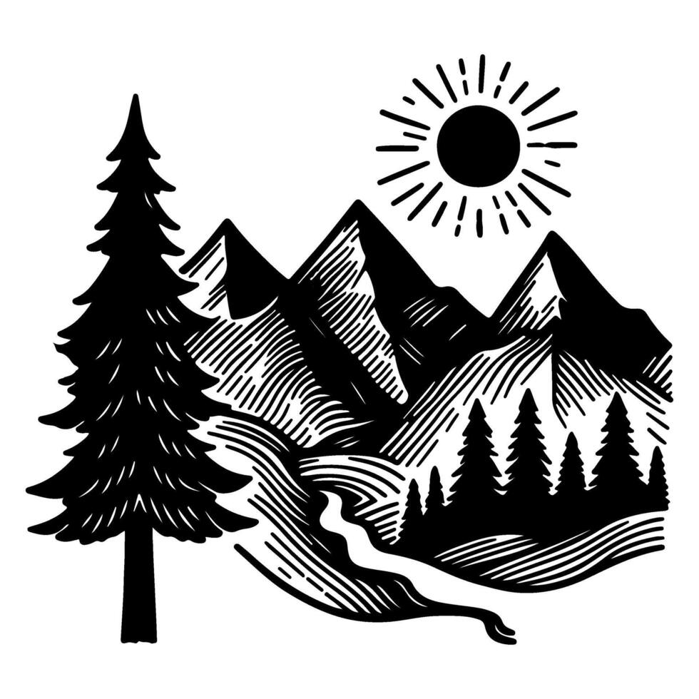 panorama silhueta montanha com floresta pinho árvores panorama Preto linha esboço arte mão desenhado estilo vetor ilustração