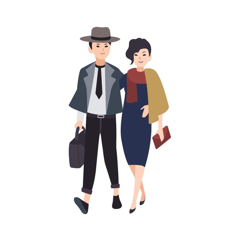 casal do jovem elegante homem e mulher vestido dentro tarde vestem caminhando junto. par do à moda descolados indo em festivo Festa. plano vetor ilustração.