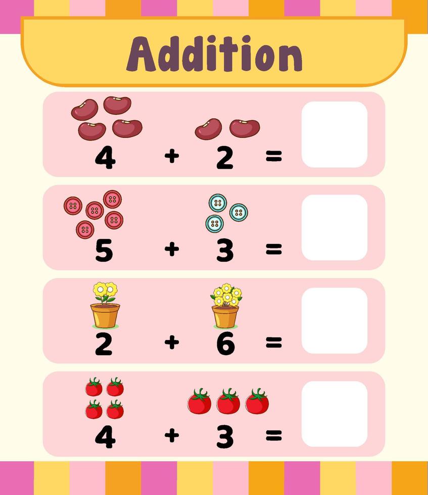 modelo de planilha de matemática de adição pré-escolar vetor