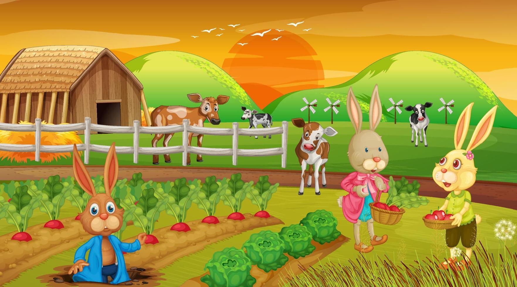 fazenda na cena do pôr do sol com uma família de coelhos e animais de fazenda vetor