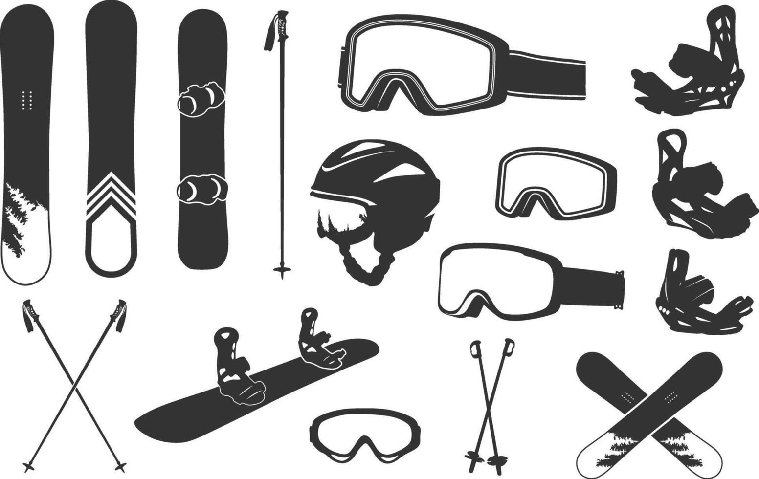 snowboard elementos silhueta, snowboard elementos, snowboard silhueta, snowboard equipamento vetor definir, snowboard vetor conjunto