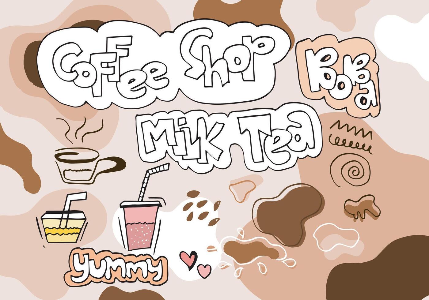 design de promoções especiais de chá com leite bolha, chá com leite boba, chá com leite de pérola, bebidas saborosas, cafés e refrigerantes com logotipo e banner de anúncio de estilo doodle. ilustração vetorial. vetor