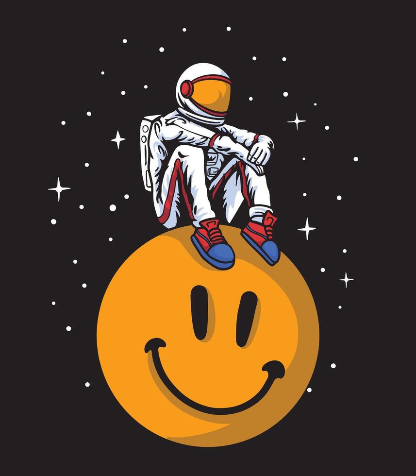 astronauta sentado em sorrir face placa com a exterior espaço Visão ilustração vetor