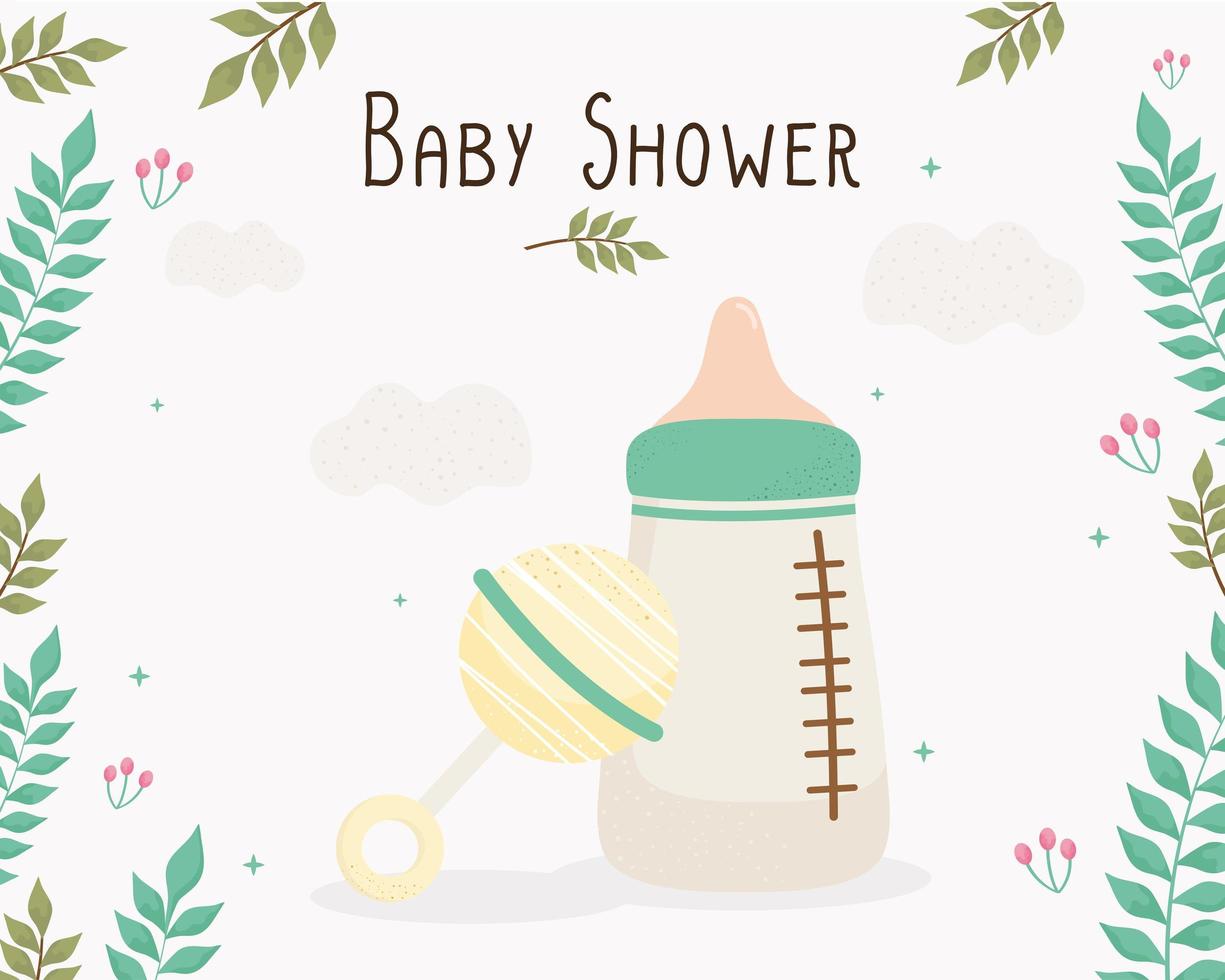 cartão de rotulação de chá de bebê com garrafa de leite e campainha vetor