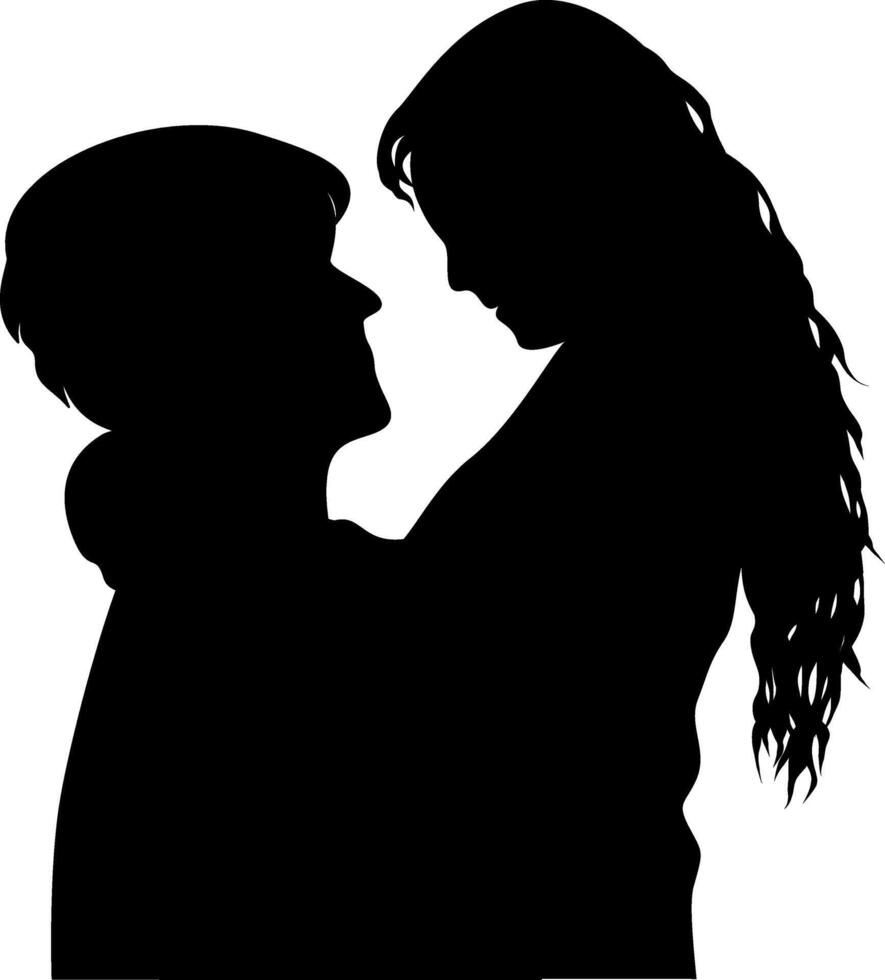 silhueta do uma homem abraçando uma cabeludo mulher e olhando romanticamente às cada de outros vetor