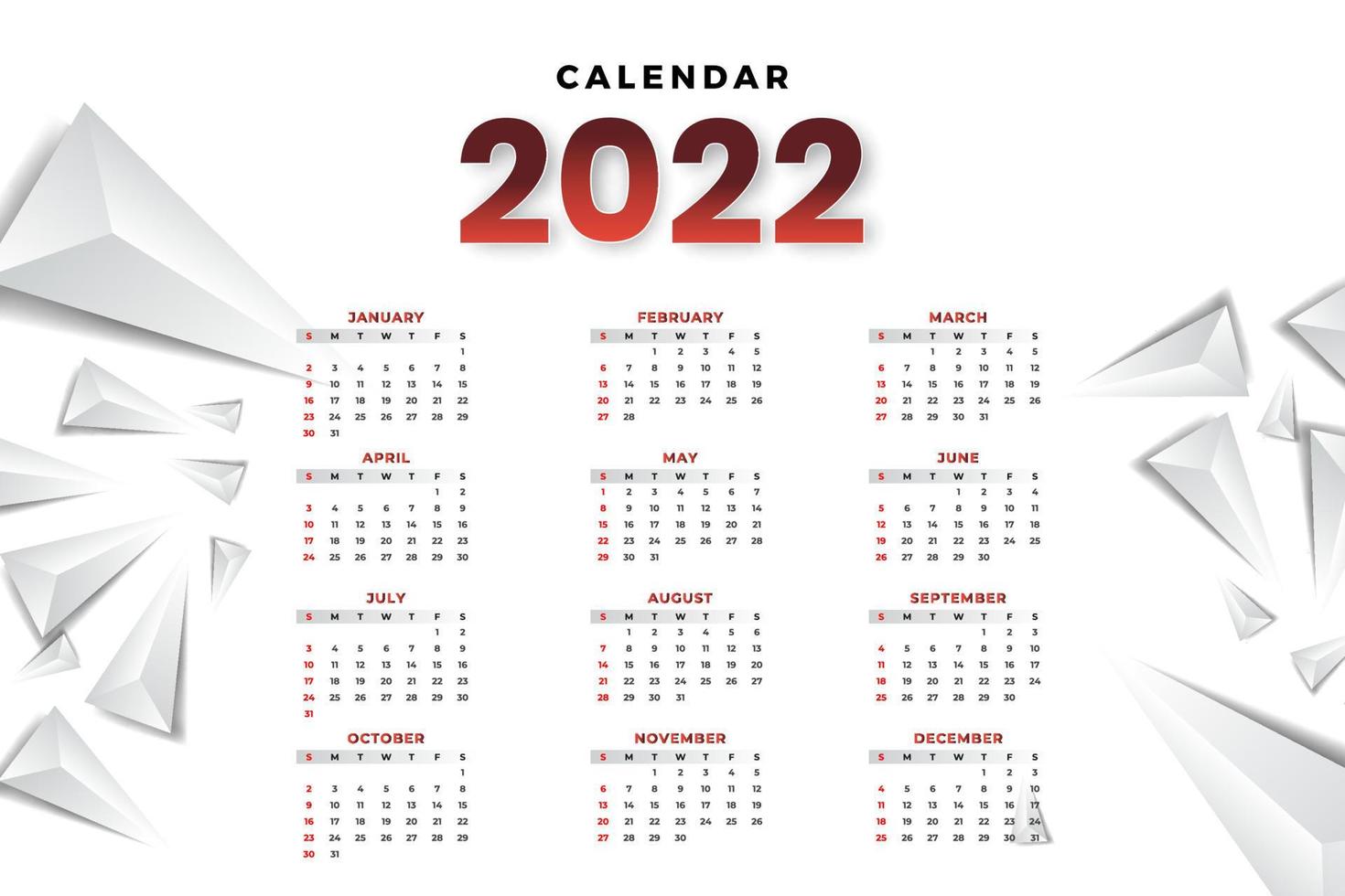 modelo de calendário mensal para 2022 anos. semana começa no domingo. calendário de parede em estilo minimalista. vetor