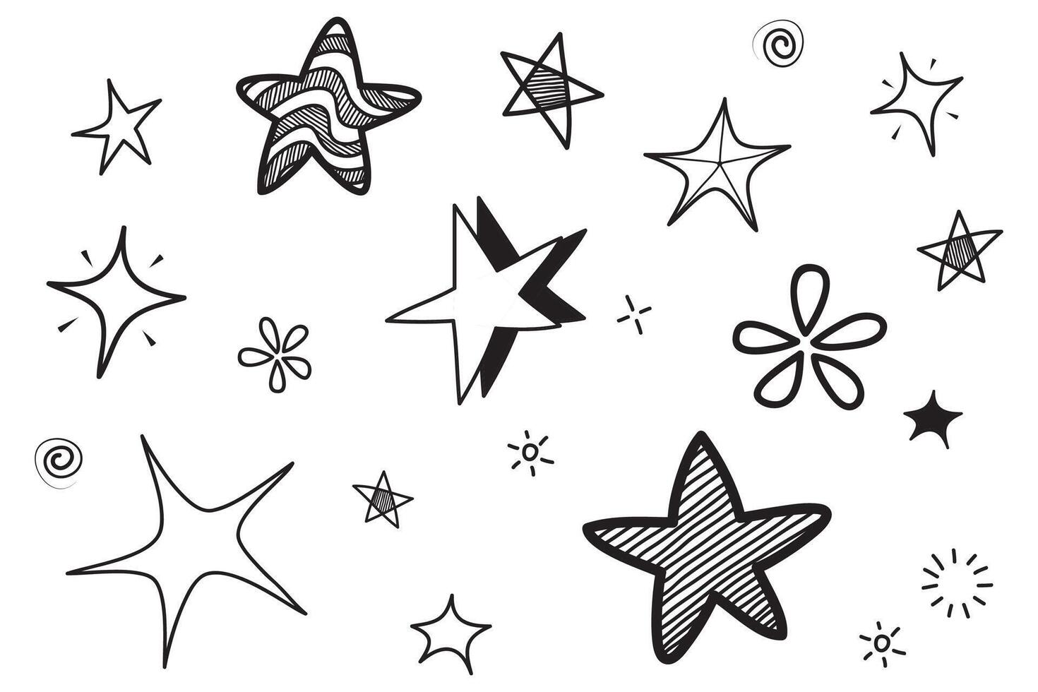 conjunto de estrelas de doodle desenhadas à mão preta em isolado no fundo branco. vetor