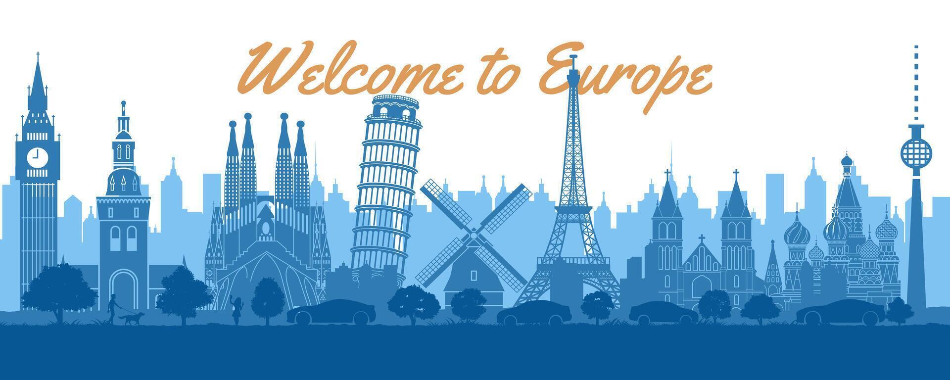 Europa famoso marcos de silhueta estilo com branco e azul cor vetor