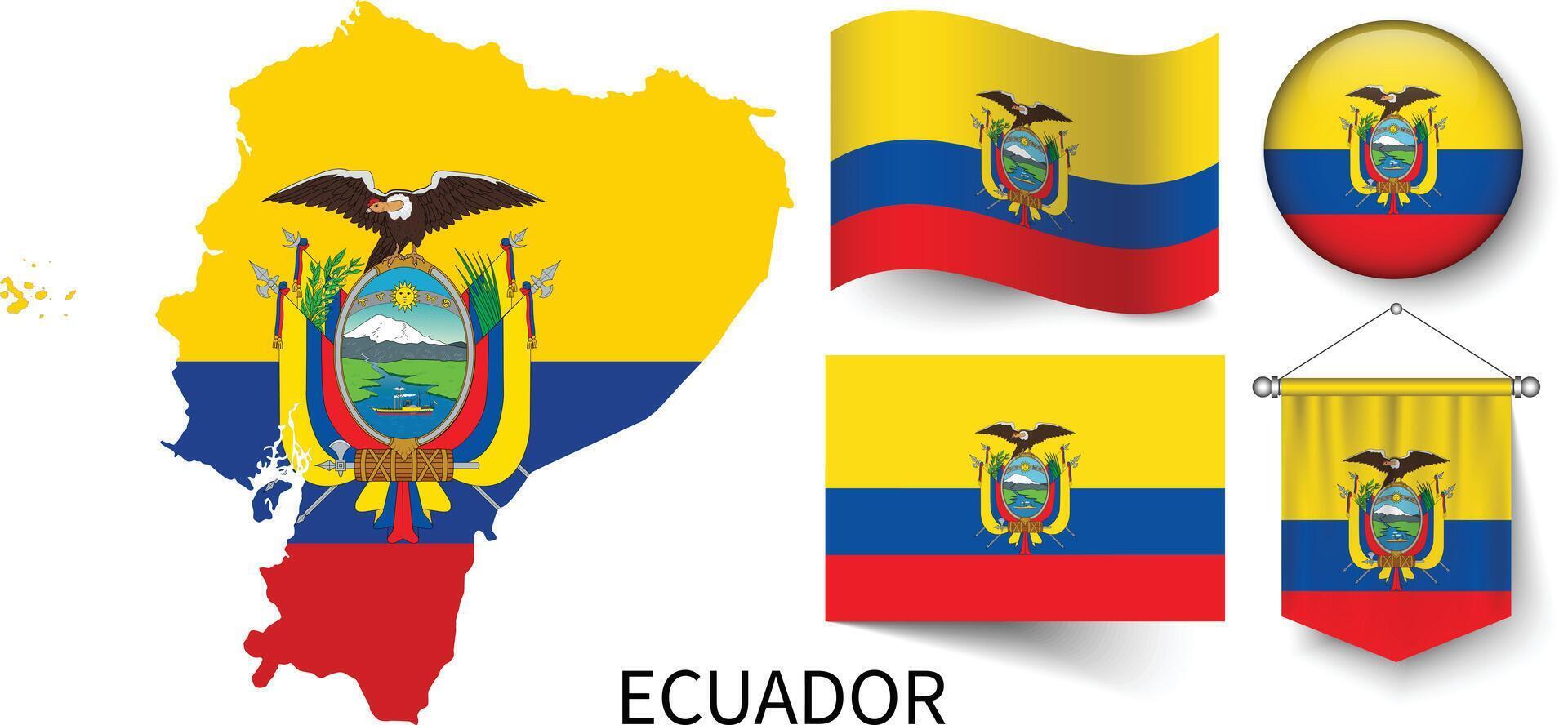 a vários padrões do a Equador nacional bandeiras e a mapa do Equador fronteiras vetor