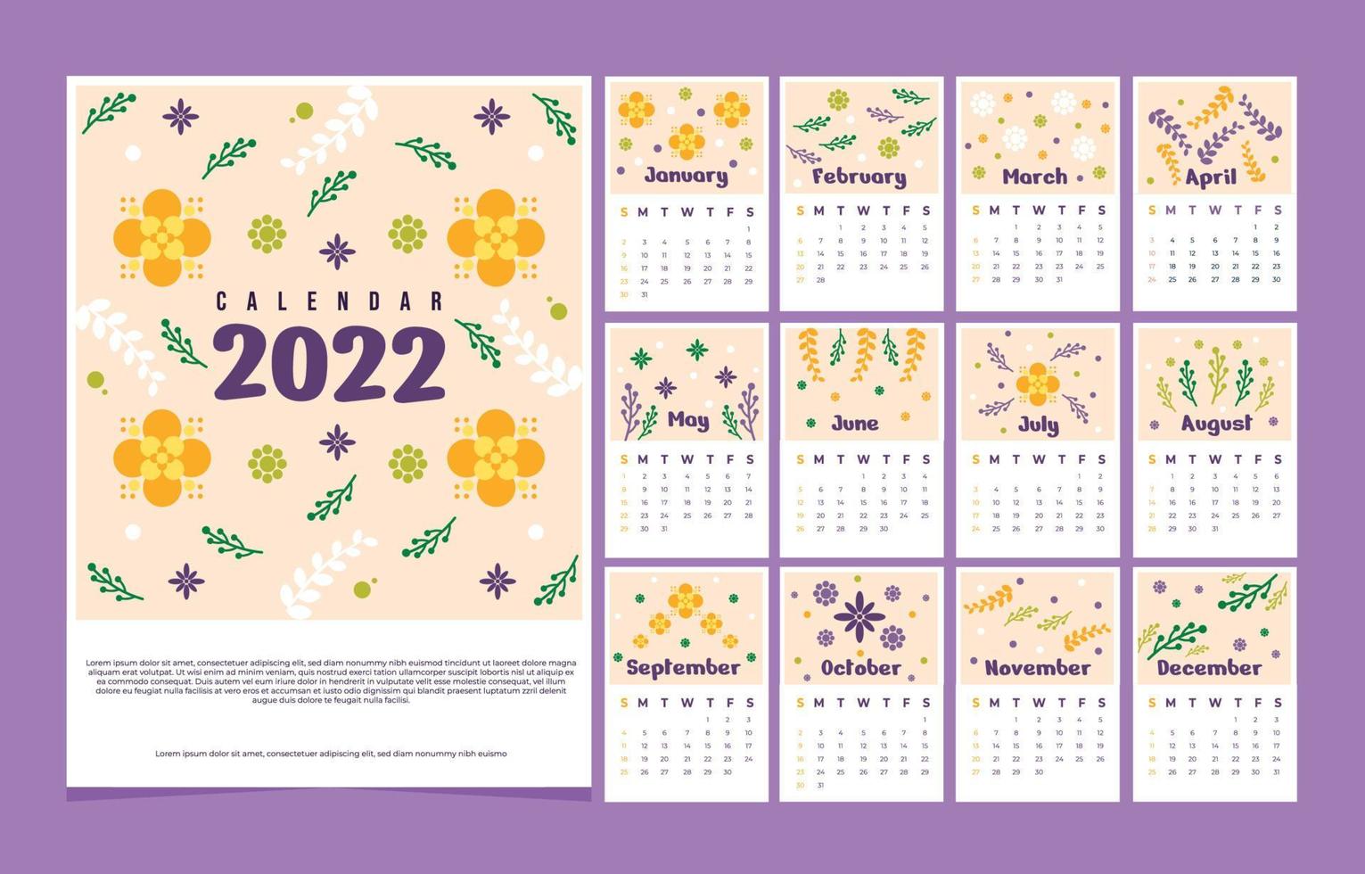 modelo de calendário floral 2022 vetor