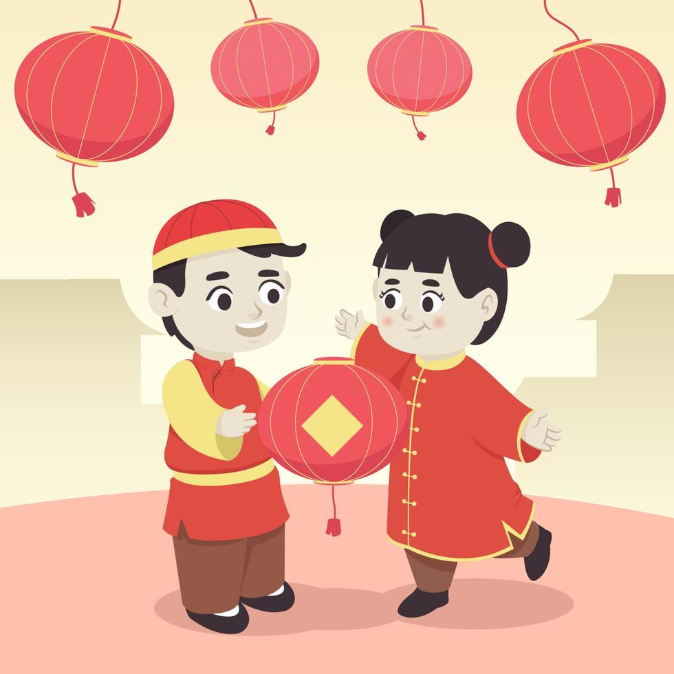 crianças no conceito de festival de ano novo com lanterna chinesa vetor