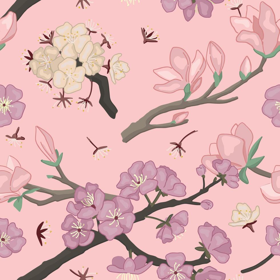 Primavera botânico desatado padronizar. enfeite do florescendo árvore galhos do magnólia, sakura, damasco. desenho animado vetor Projeto.