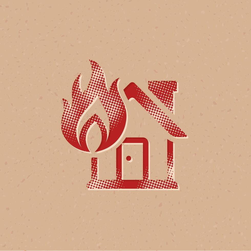 casa fogo meio-tom estilo ícone com grunge fundo vetor ilustração